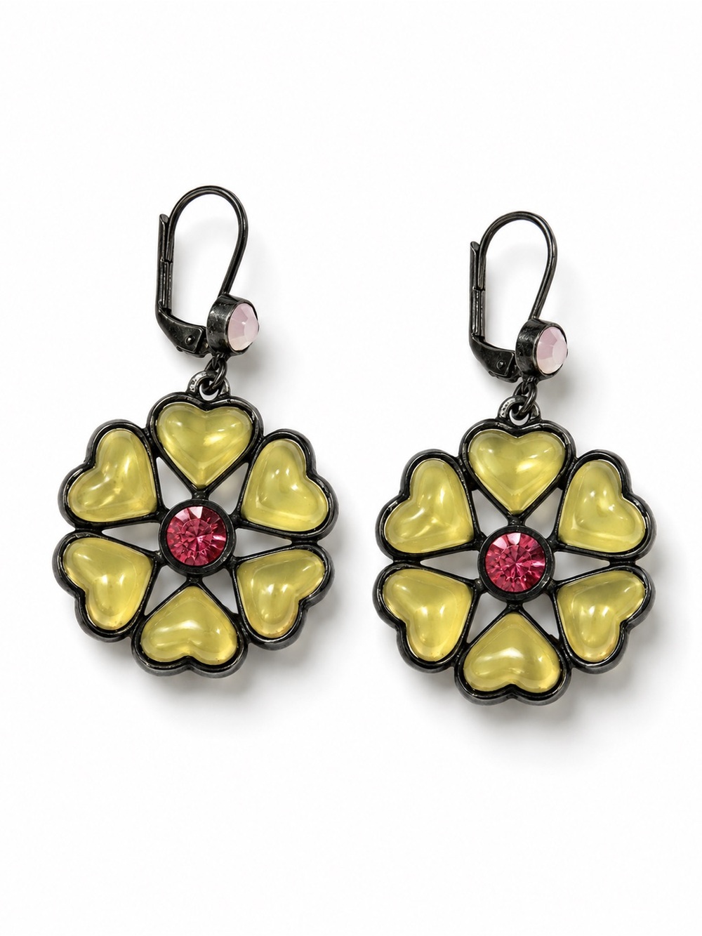 Vintage Style Floral Heart Petal Dangle Earrings Pink Rhinestone